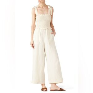 Rebecca Taylor Cream Smocked Tie-Shoulder Wide-Leg Jumpsuit